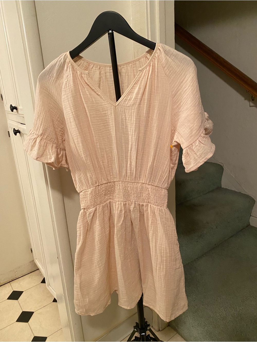 SHEIN Light Creme/taupe V-Neck Smocked Waist Mini Dress,size small
